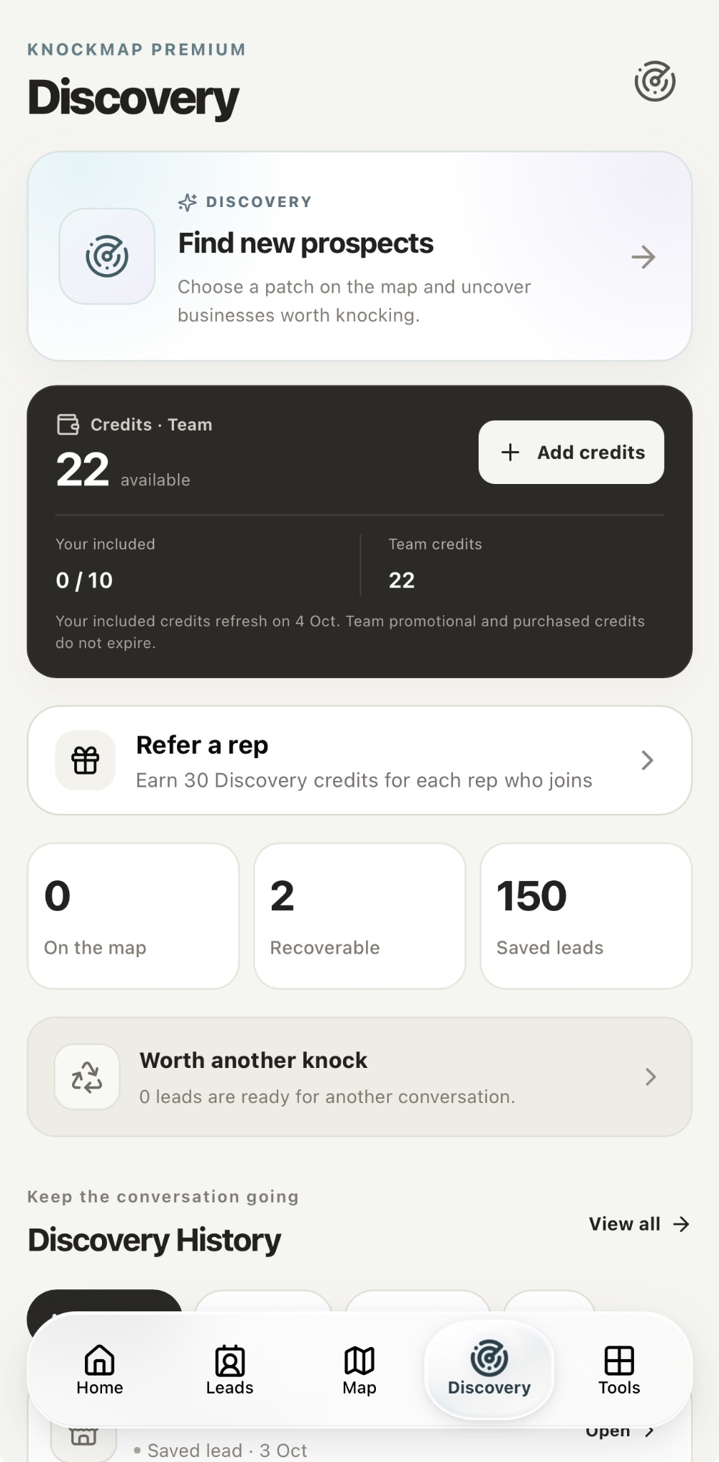 KnockMap Discovery dashboard with credits, prospect counts and Discovery History