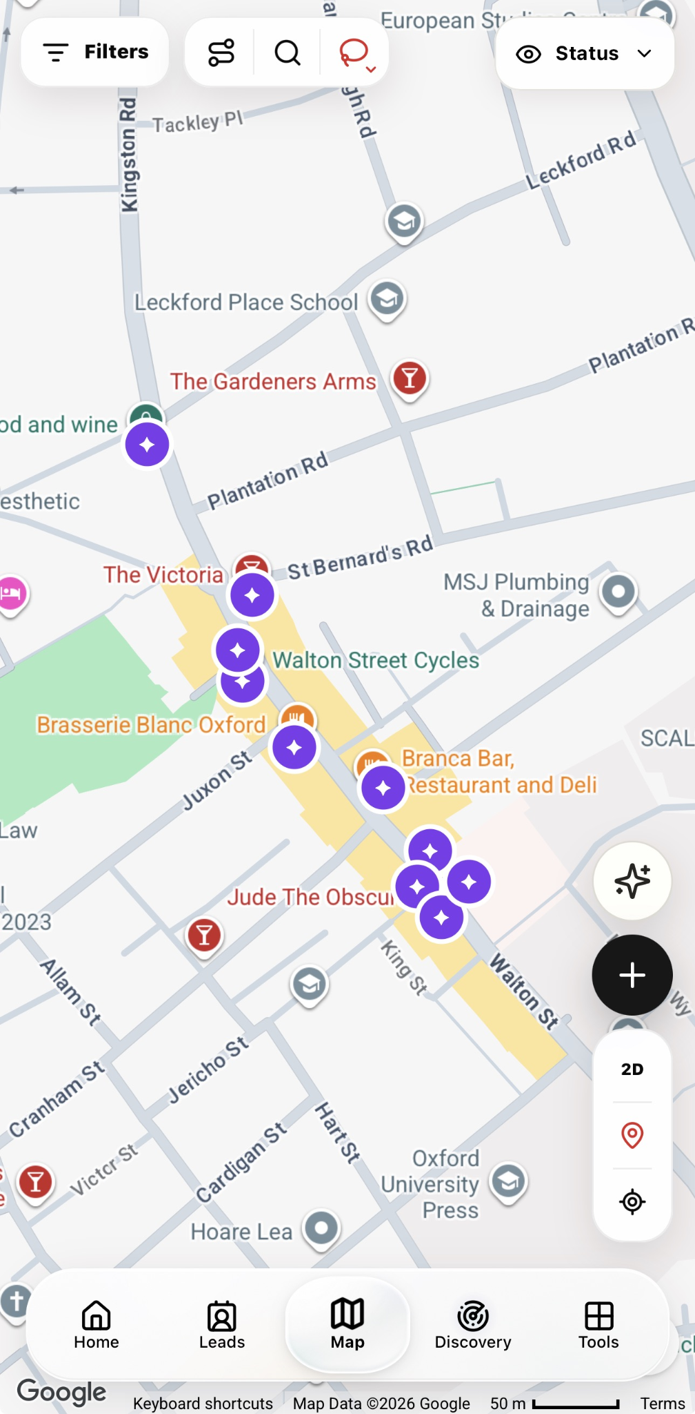 KnockMap Discovery pins on Oxford streets