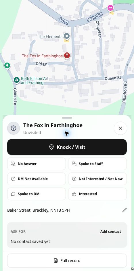 A KnockMap lead record opened on the street map with Quick Outcomes and follow-up actions