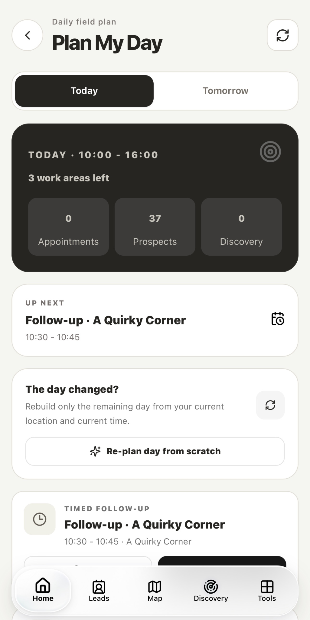 Plan My Day overview showing working hours and opportunities
