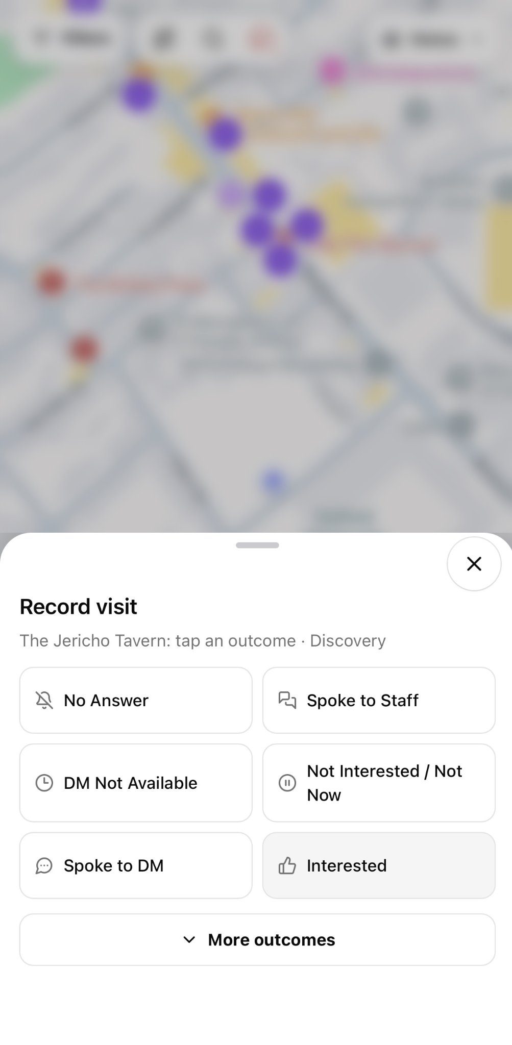 KnockMap Record visit sheet with Quick Outcomes